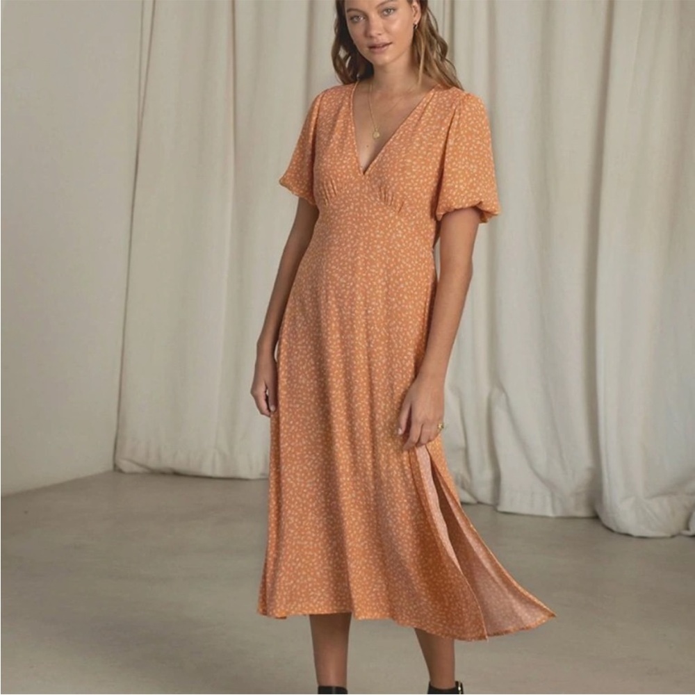Kivari Womens Midi Dress XS Boho Chic Peasant Orange Floral Print Cottage core